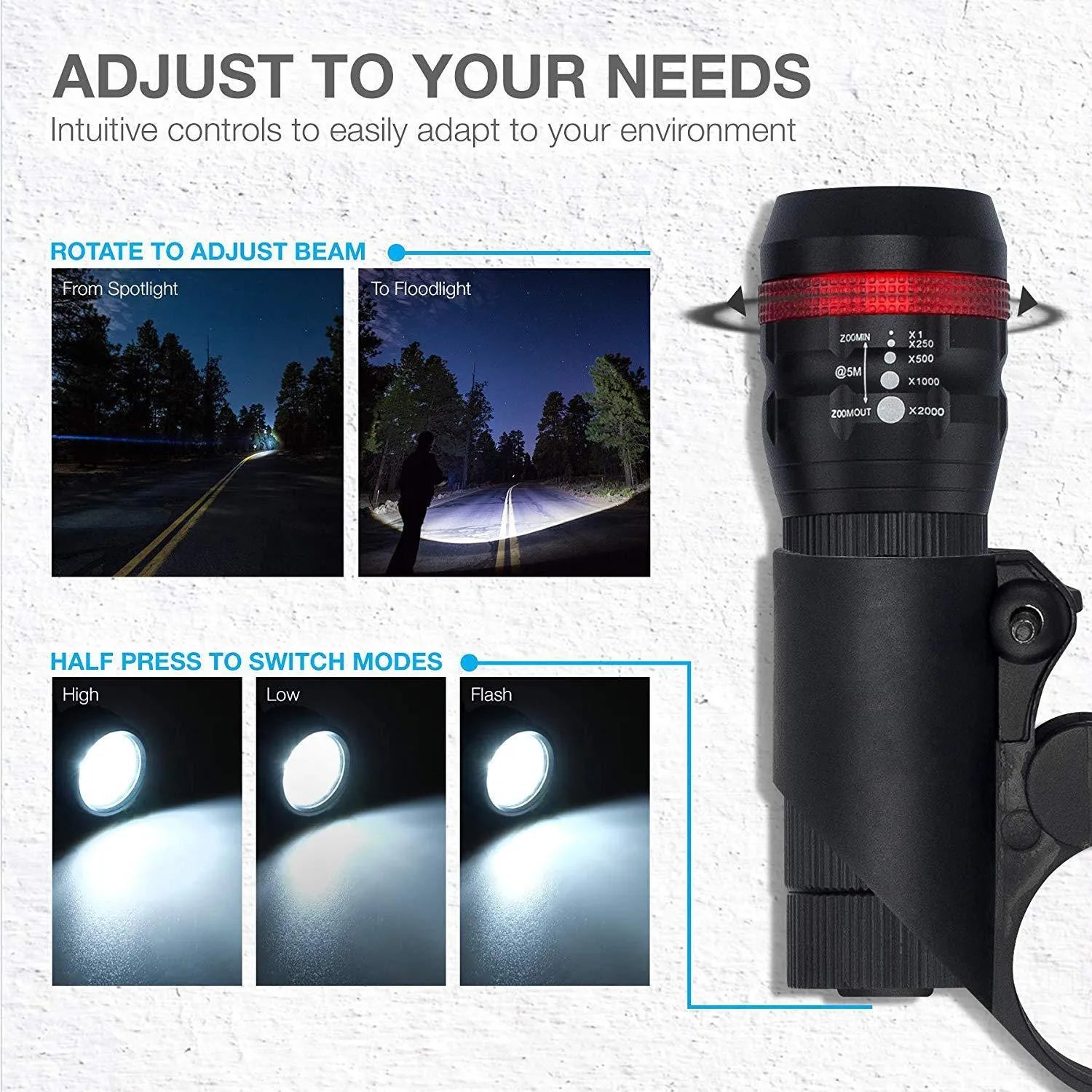Bicycle front headlight and red rear taillight set with a black mounting bracket.
