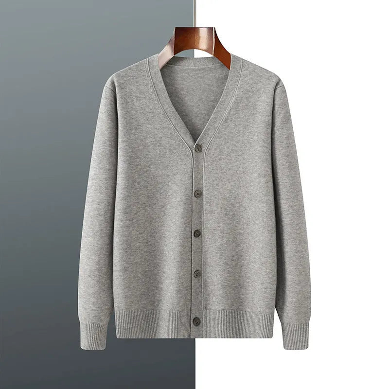 Men's loose-fit V-neck cardigan coat in Andy velvet fabric shown in beige colour.