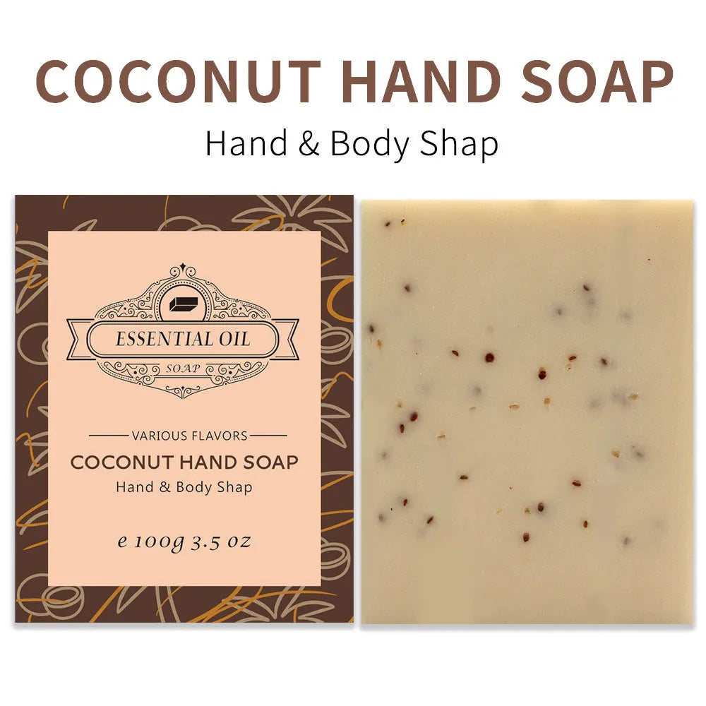 Handmade plant essential oil soap bar with frosted texture showing coconut green tea lavender rose scent options