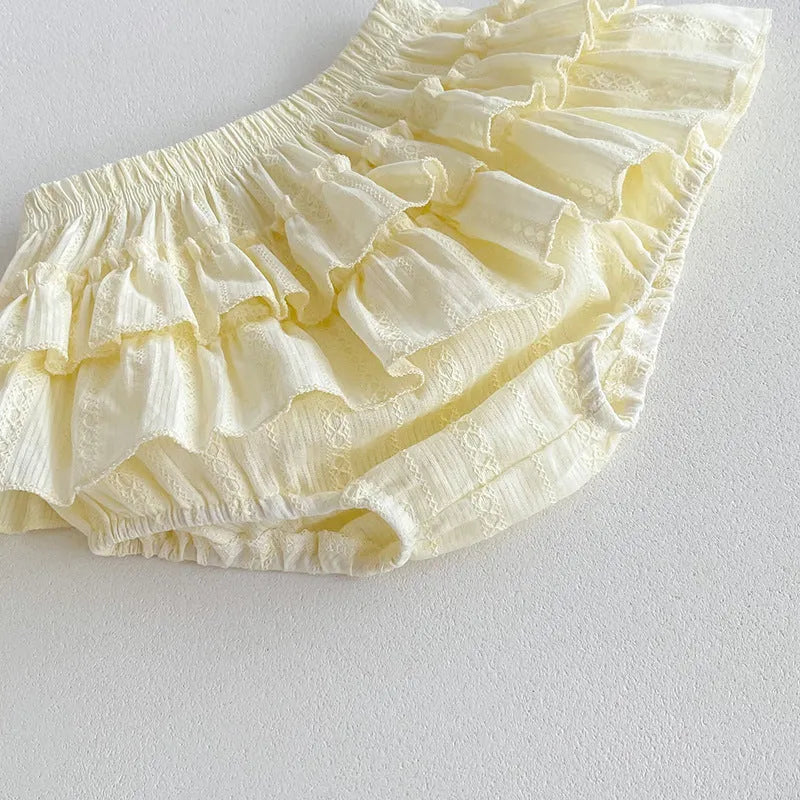 Beige girls cotton two-piece set with ruffled collar top and double layer Bud waist shorts