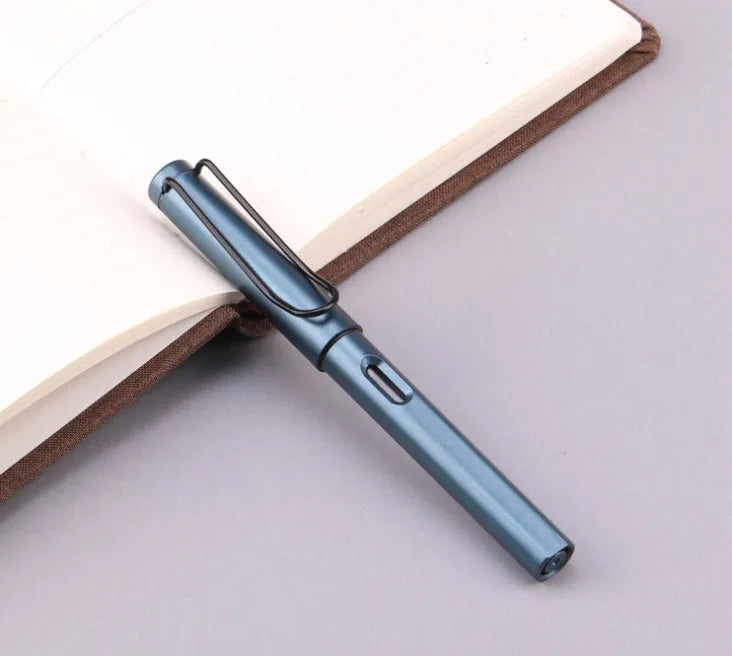 Black and blue frosted ink bag fountain pens showing 0.38mm and 0.5mm nib options.