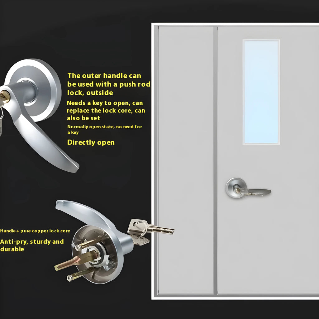 Stainless steel fire safety push lock with external handle for a 65cm door.