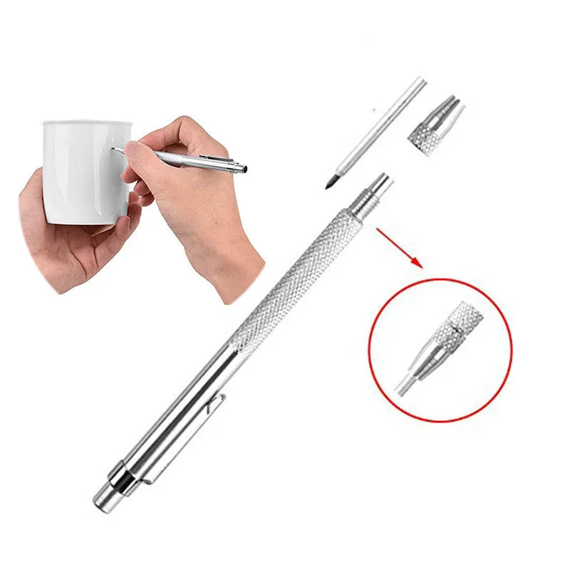 Silver aluminium glass marking pen with tungsten carbide tip on a white background