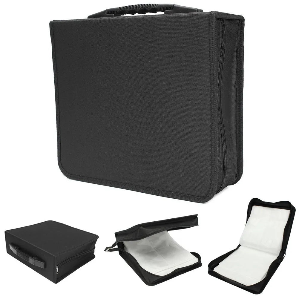 Black oxford fabric CD DVD storage organiser with hand strap and zipper closure