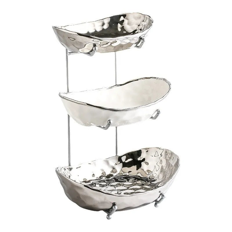 Multi-layer porcelain fruit tray with gold or silver electroplated stone texture frame