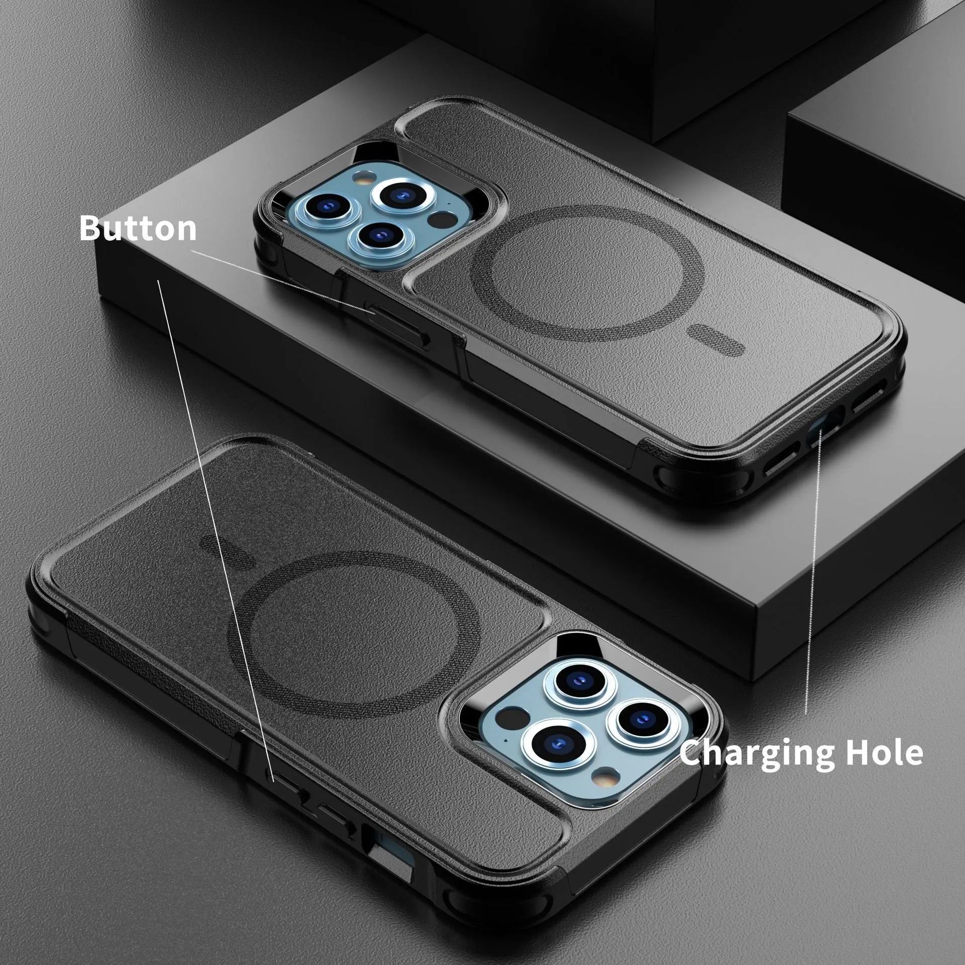 Black shatterproof magnetic phone case for Apple iPhone 12 and 13 series models