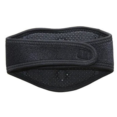 Black self-heating magnetic therapy neck guard with adjustable shoulder strap shown flat.