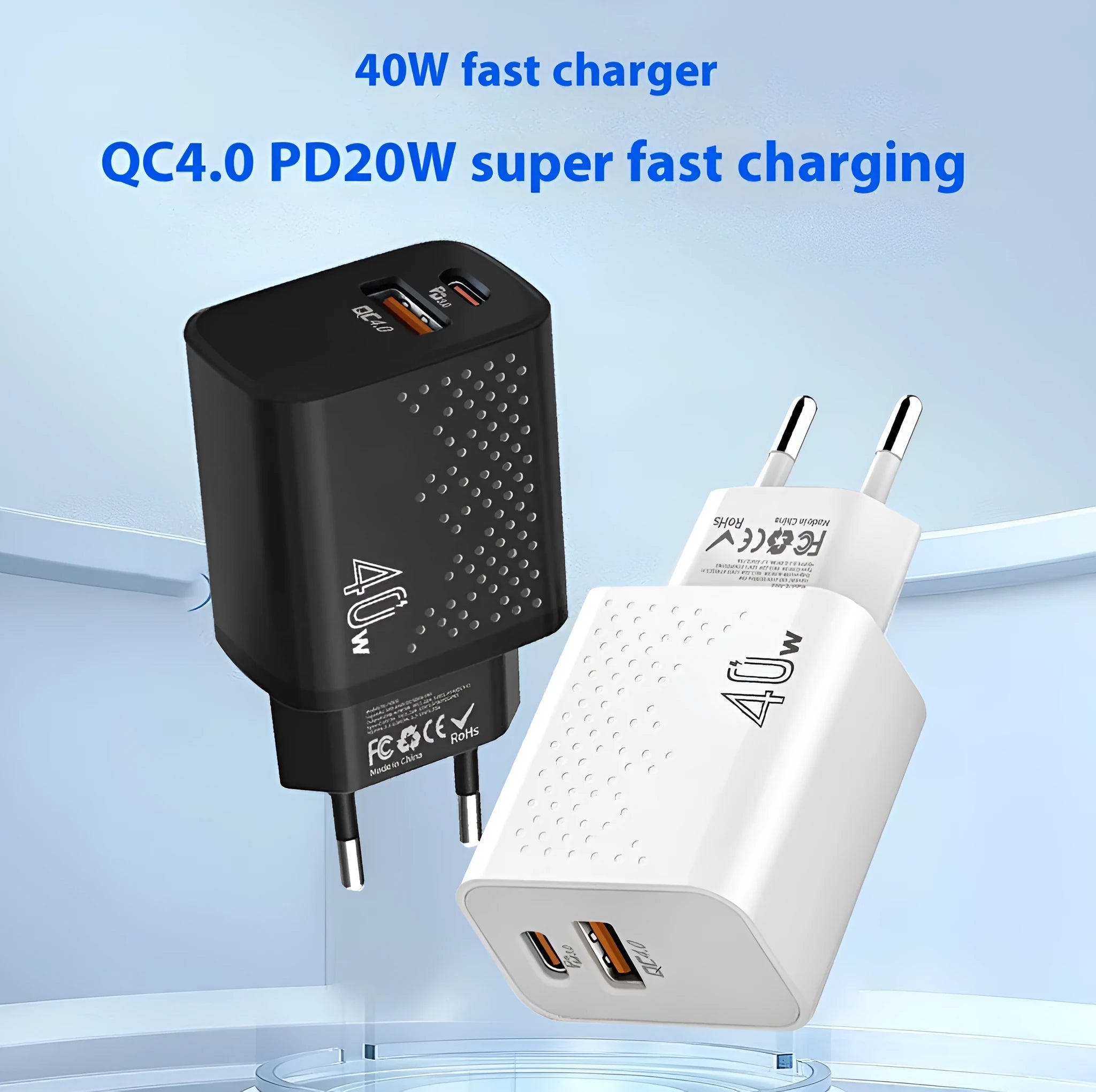 Dual-port USB charger 40W with European and American standard plugs in white and black colour options