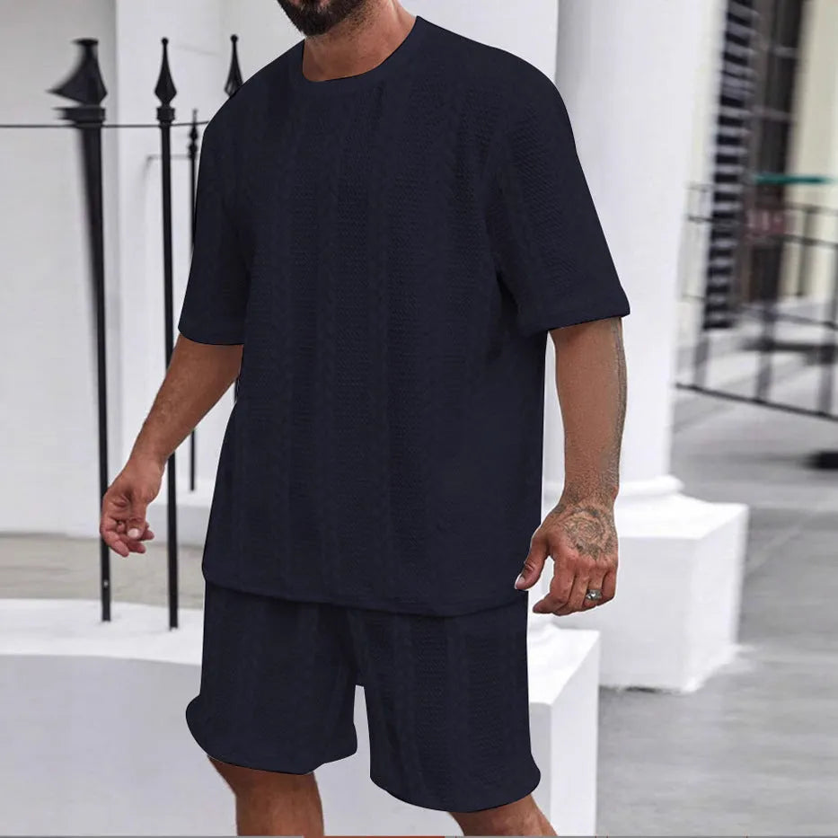 Knitted polyester summer pullover and shorts set in solid colour with Jacquard textured pattern