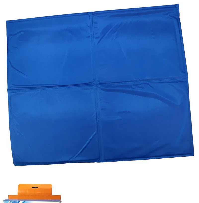 Blue gel cooling pet pad for dogs and cats, foldable waterproof nylon mat, size XS to XXL