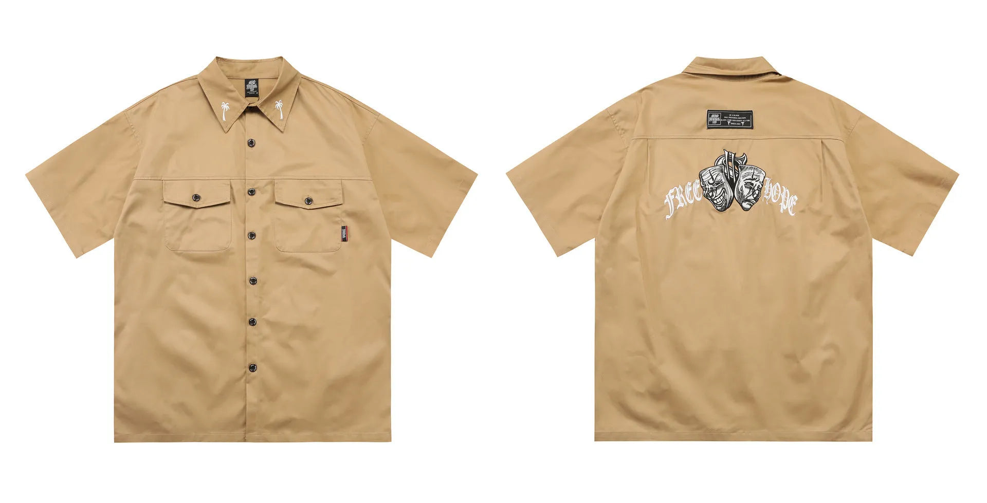Men's loose fit half sleeve shirt with embroidery in black or khaki colour options