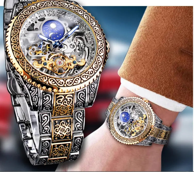 Men's automatic mechanical watch with hollow retro carved dial, moon phase display, stainless steel strap, 44mm gold finish