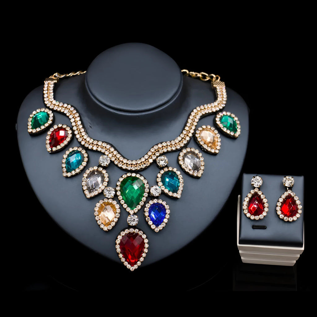 Exaggerated colourful bride necklace and earring set with gold base and colour accents