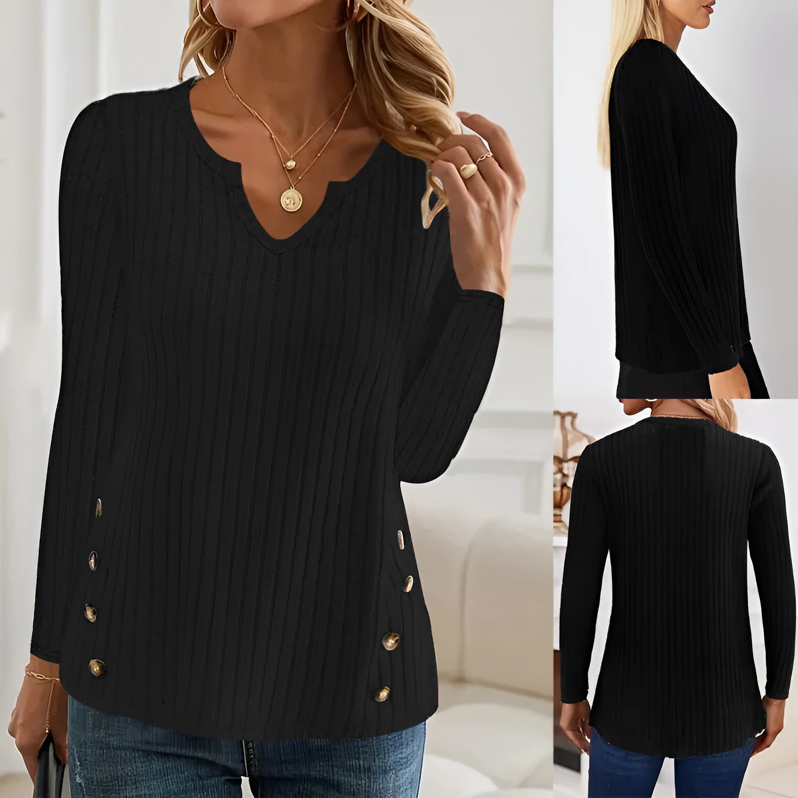 Casual grey green knitted button sweater on a hanger, showing regular sleeves and pullover style.