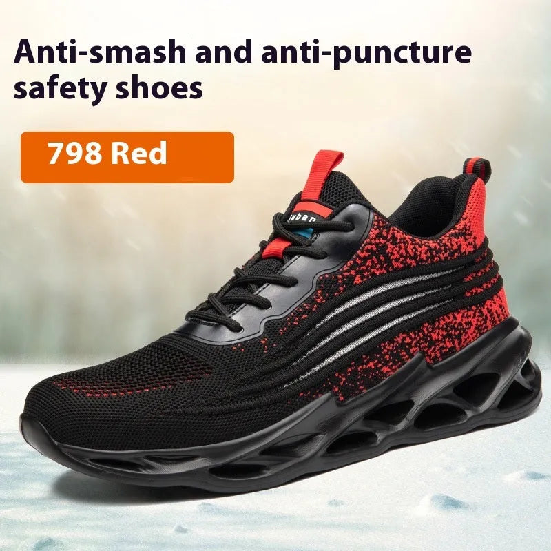 Brown leather labour protection safety shoes with a rubber sole, shown on a work site background.