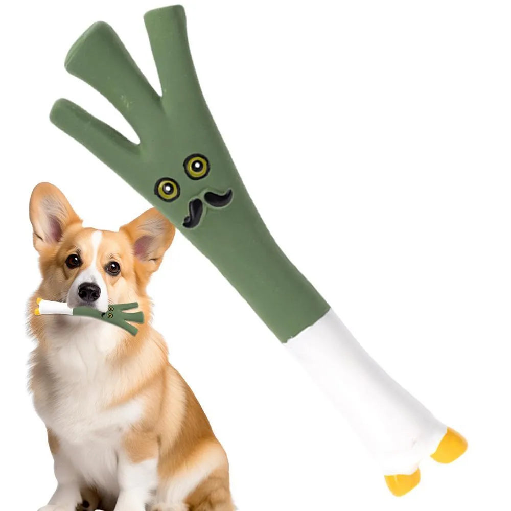 Latex vegetable dog chew toy with cartoon onion and eggplant design measuring 7x5x13cm