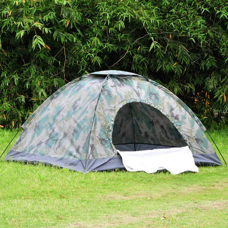 Green camouflage camping tent with steel ground nails and mesh windows for outdoor use
