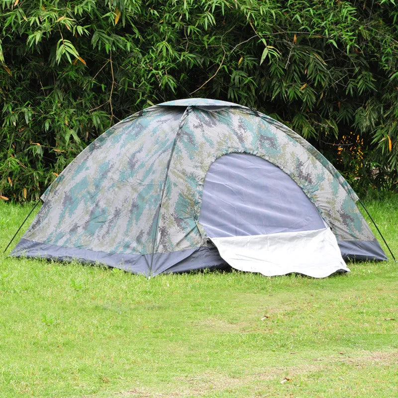 Green camouflage camping tent with steel ground nails and mesh windows for outdoor use