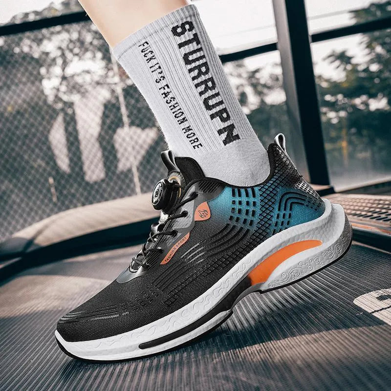 Men's low-top sneaker with mesh lining, rotating buckle, and rubber sole in white and orange colour.