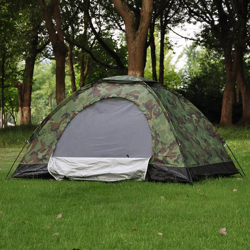 Green camouflage camping tent with steel ground nails and mesh windows for outdoor use