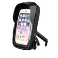 Black mobile phone mount for bicycle handlebars with waterproof zipper, showing touch-sensitive TPU front.