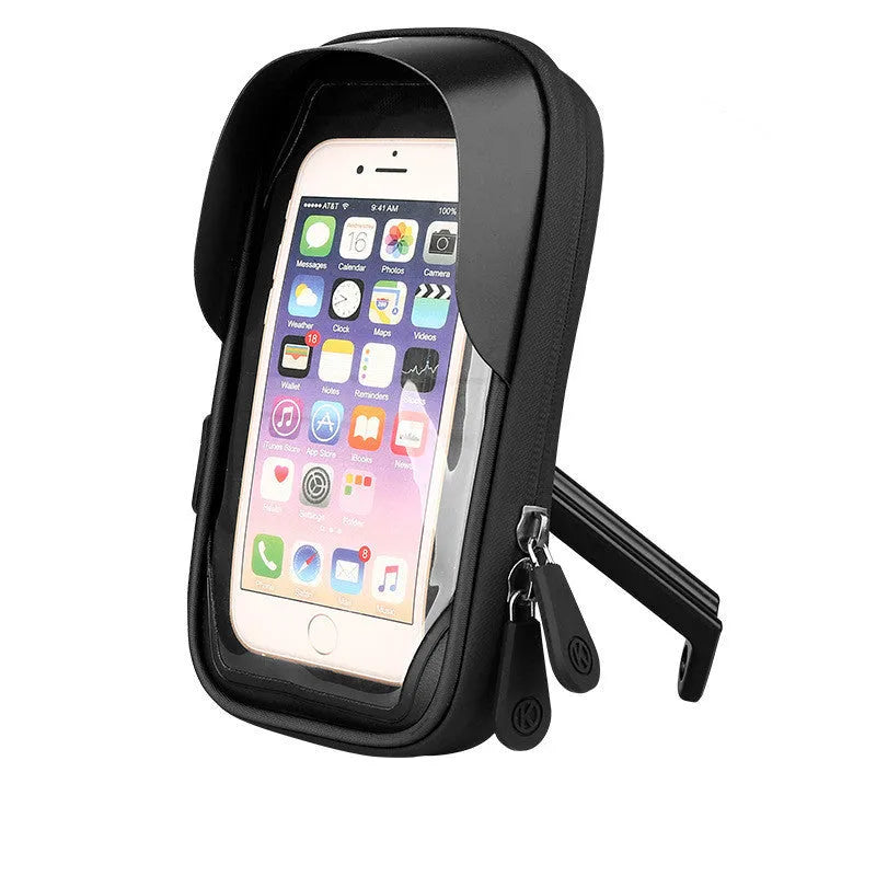 Black mobile phone mount for bicycle handlebars with waterproof zipper, showing touch-sensitive TPU front.