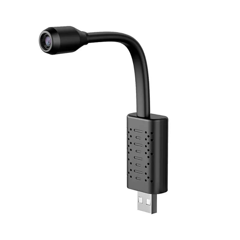 Black cylindrical V380 wireless USB camera with microSD slot and USB port for power