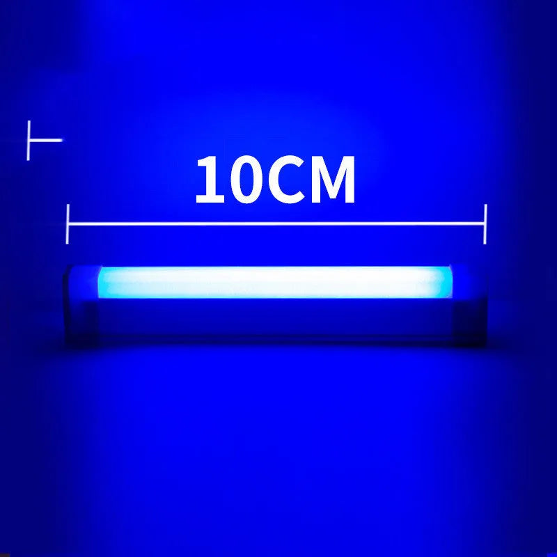 Blue and purple rechargeable LED tube stick light with dimmable settings.