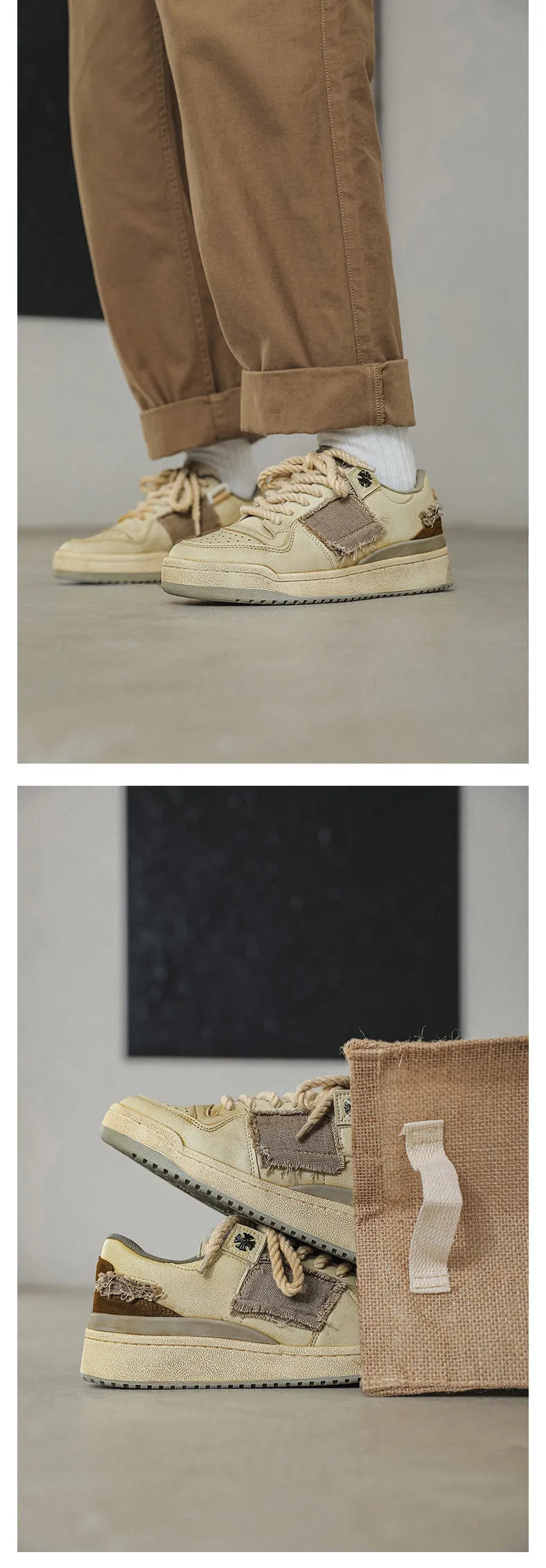 Beige low-top skateboard shoes with microfiber upper and round-toe design