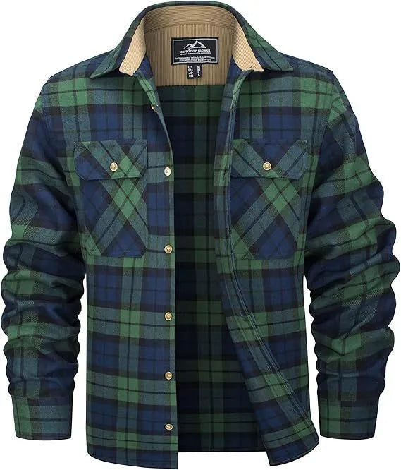 Men's polyester flannel button shirt with plaid pattern in multiple colour options