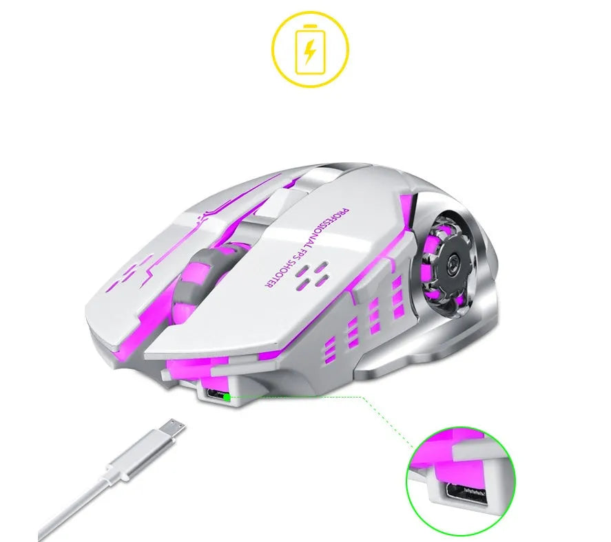 Black and white wireless charging mouse with six buttons and silent click mechanism