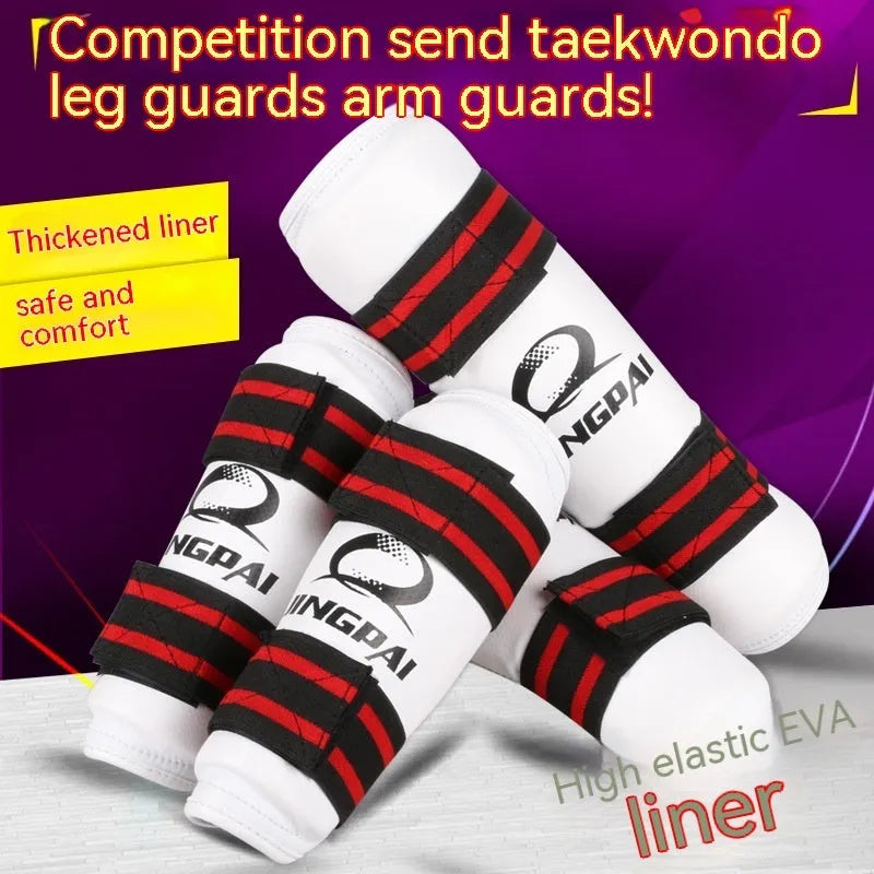 Taekwondo arm guards and leg protectors set in black PU EVA foam on a white background.