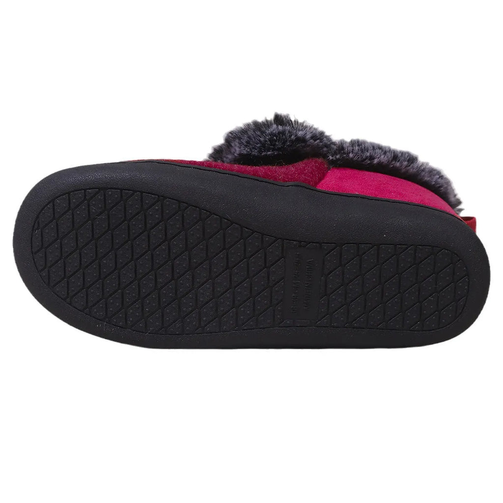 Wine red felt slippers with fur collar and synthetic leather upper for winter indoor use