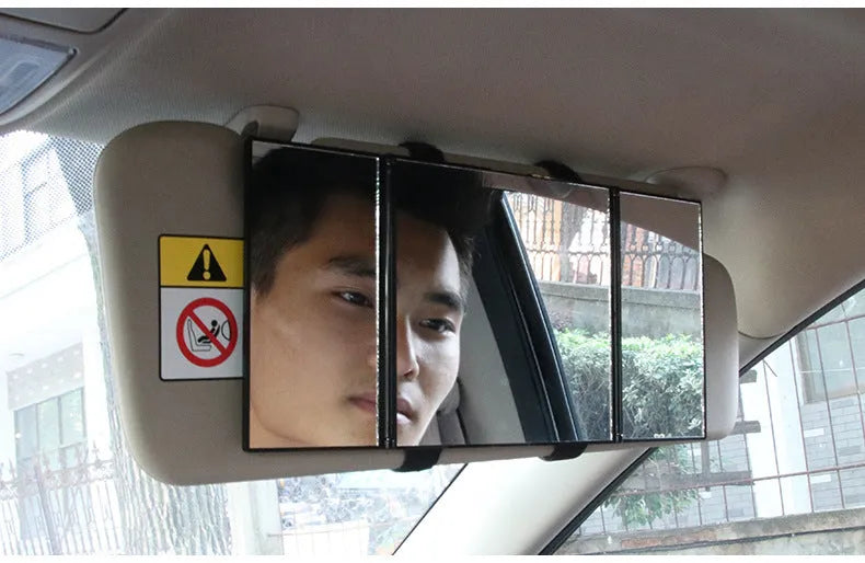 Silver folding car makeup mirror shown closed and opened, highlighting its compact and large glass sizes.