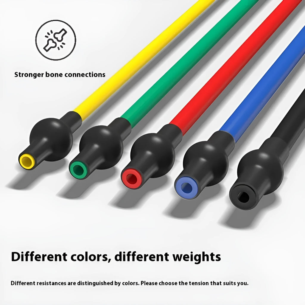 Adjustable chest expander fitness equipment with yellow, green, red, blue, and black TPE tension ropes.