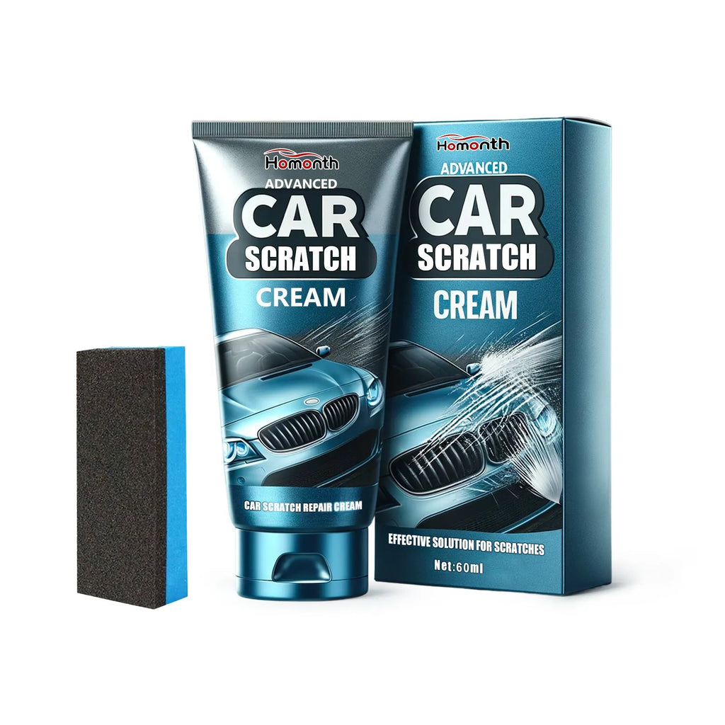 Car scratch repair cream kit showing 60ml tube and application sponge for minor paint damage restoration
