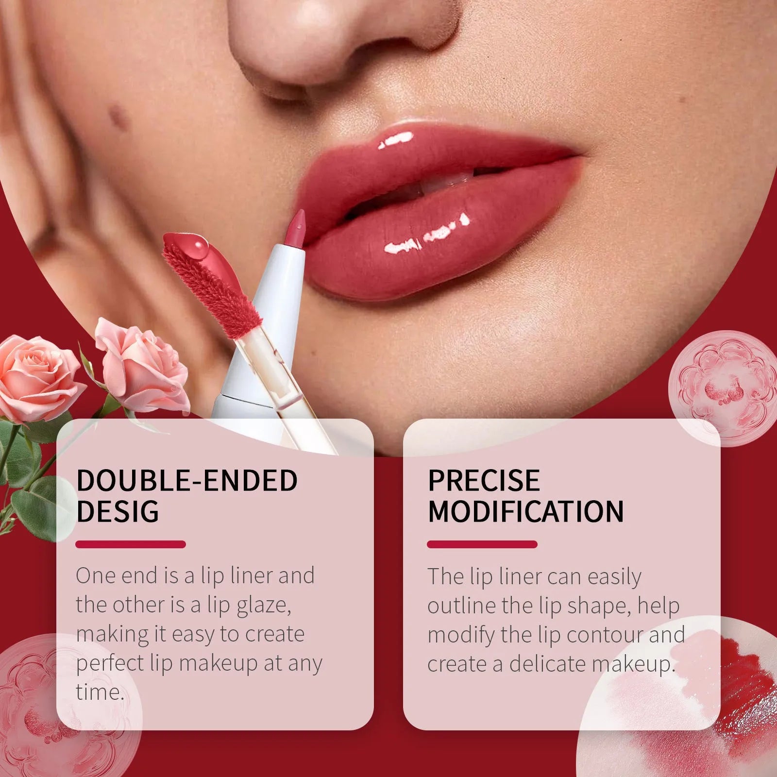 Double-headed lip liner and lacquer pen with lip gloss and a matching eyeliner pencil.