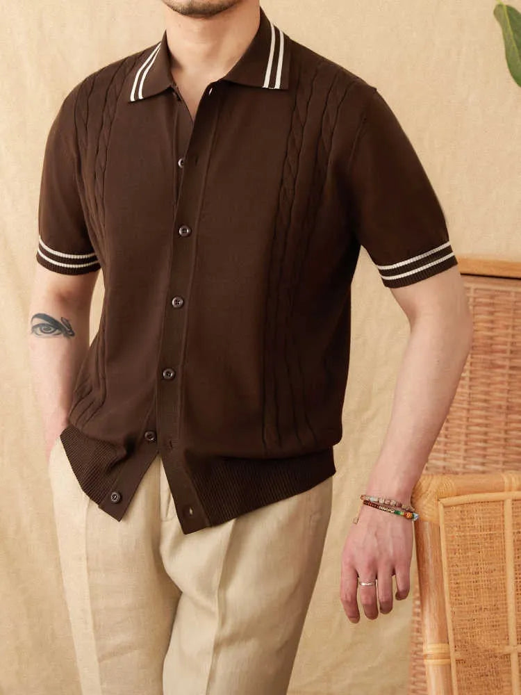 Man wearing a short-sleeved apricot lapel polo shirt made from cotton-polyester blend fabric.