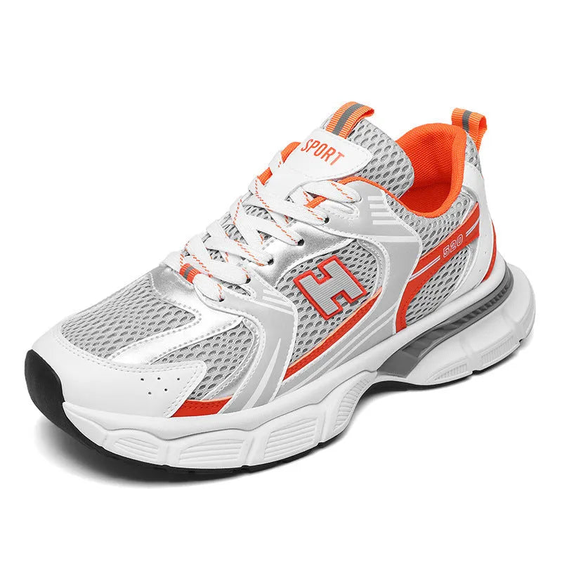 Men's mesh running shoes in three colour options showing round toe design and plastic sole construction