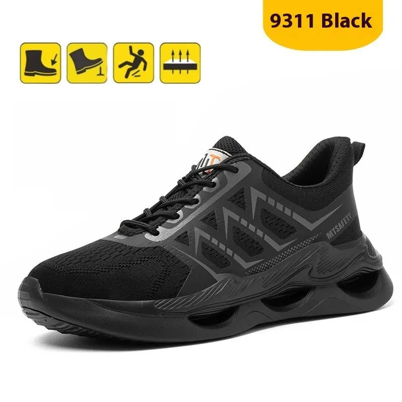 Men's black lace-up steel toe safety shoes with a breathable flat knitted upper and rubber sole.