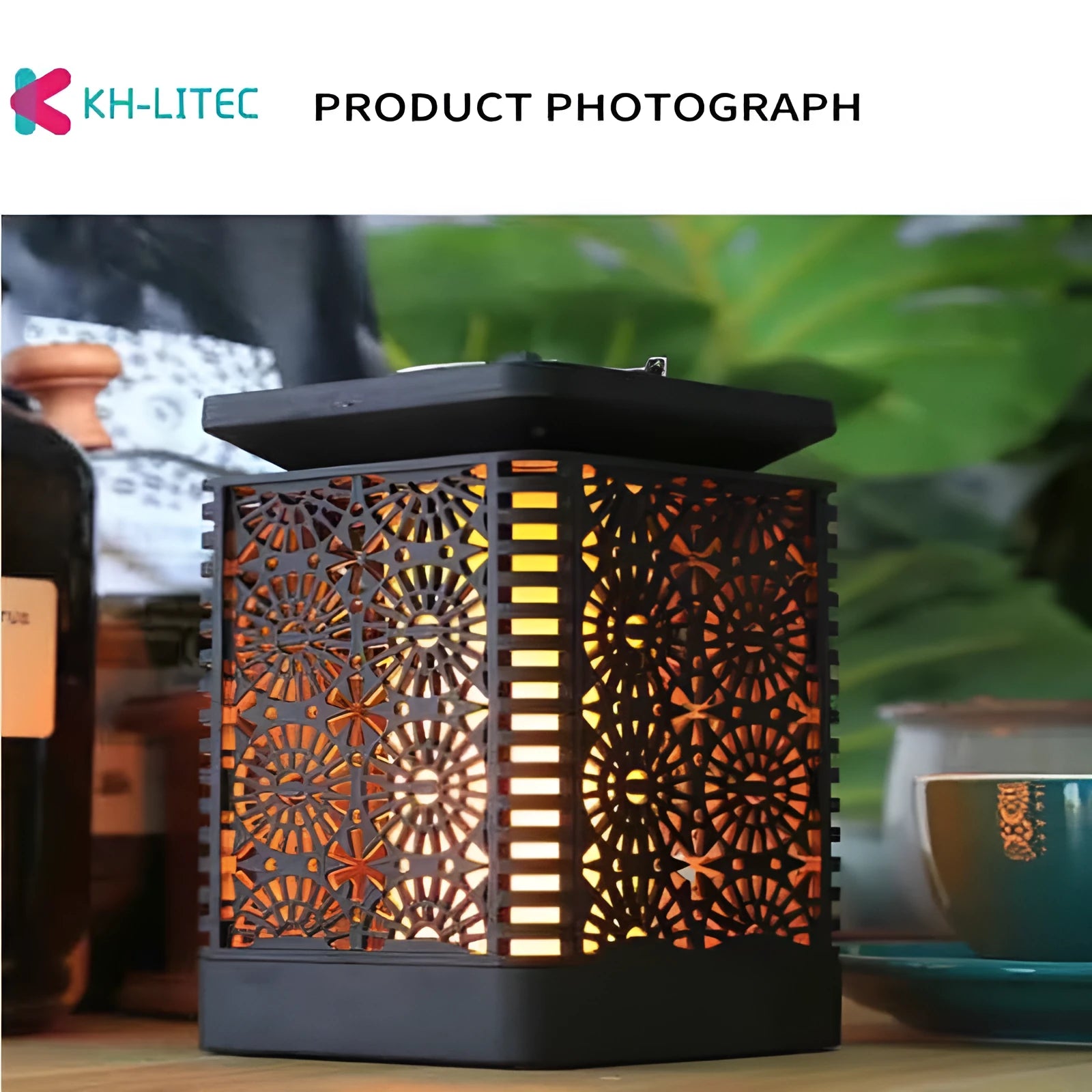 Black solar-powered hanging flame torch light for outdoor garden and patio decoration