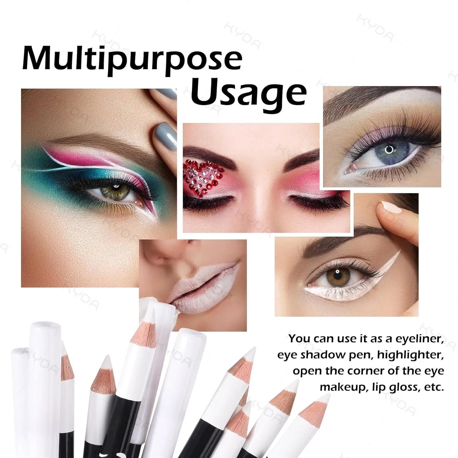 12 white and black retractable eyeliner pencils with a sharpener on a white background.