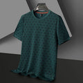 Man wearing a solid colour loose-fit Jacquard pattern short sleeve t-shirt for casual leisure.