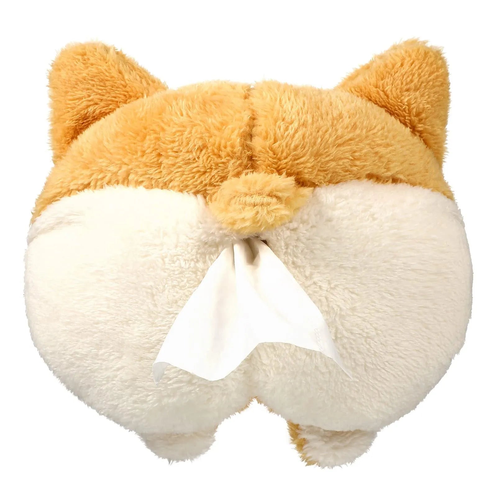 Soft yellow corgi butt-shaped tissue box cover with elastic strap for car sun visor.