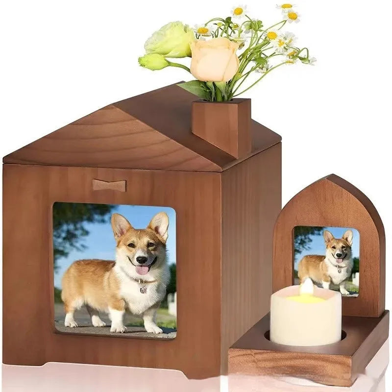 Solid wood pet urn cabin casket in brown or dark brown for pet ashes memorial
