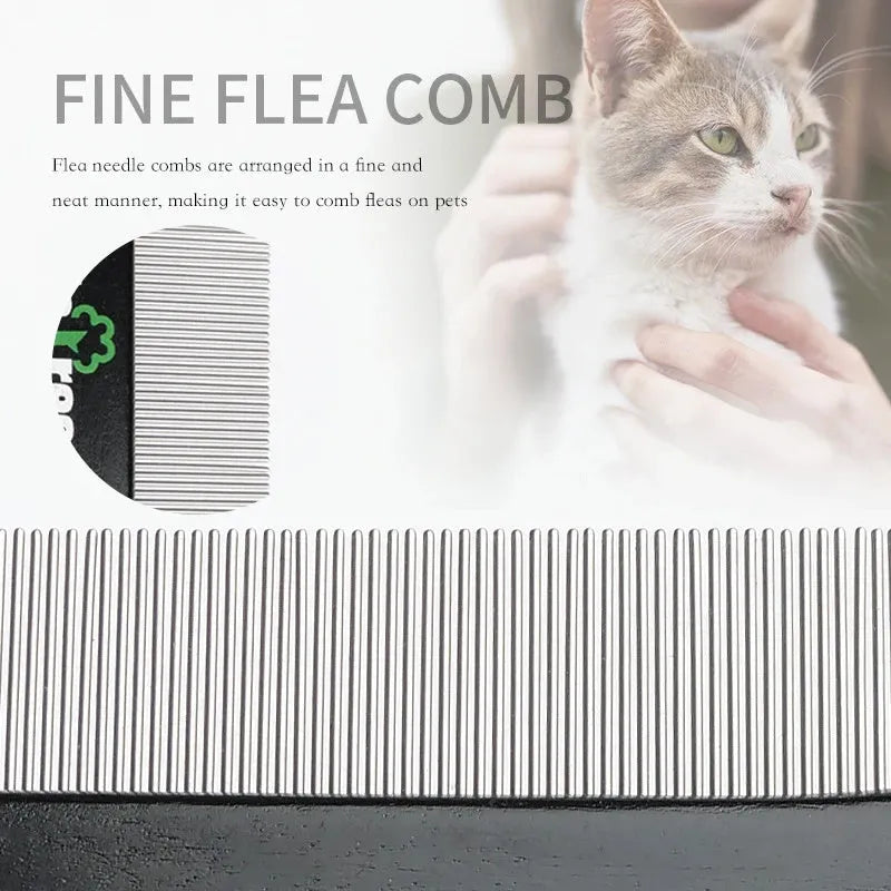 Black wood-handled pet grooming comb with double-sided stainless steel teeth for cat and dog grooming