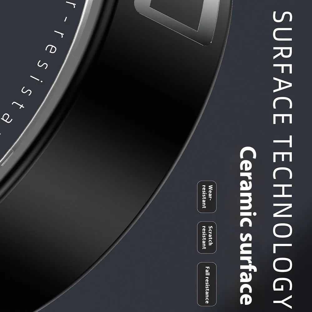 Black ceramic smart ring for health monitoring on a finger, shown with a magnetic charging cable.