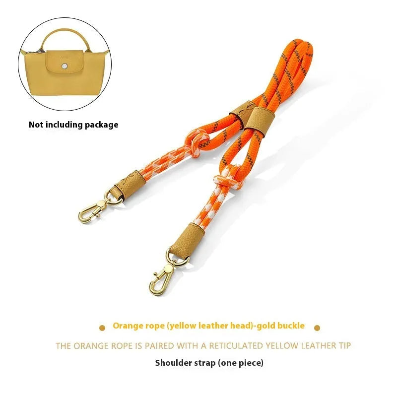 Braided nylon rope shoulder strap with cowhide leather accents and an alloy buckle.
