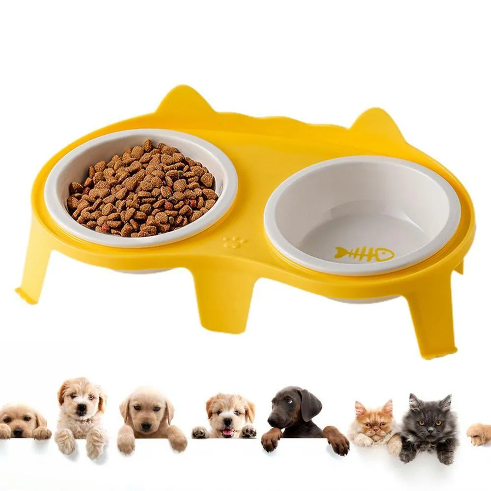 Blue ceramic cat food and water bowl set on a white elevated plastic stand with hook design.