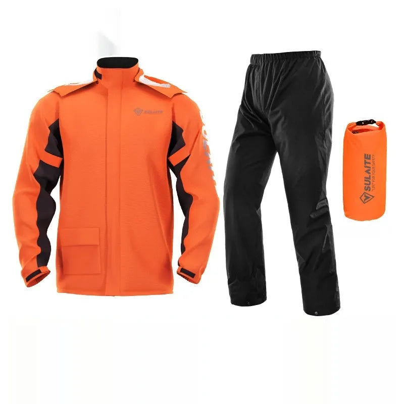 Black motorcycle rain suit with split raincoat, rain trousers, hidden shoe covers, and storage bag laid out